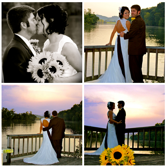 newlywed couple on wedding day on lake